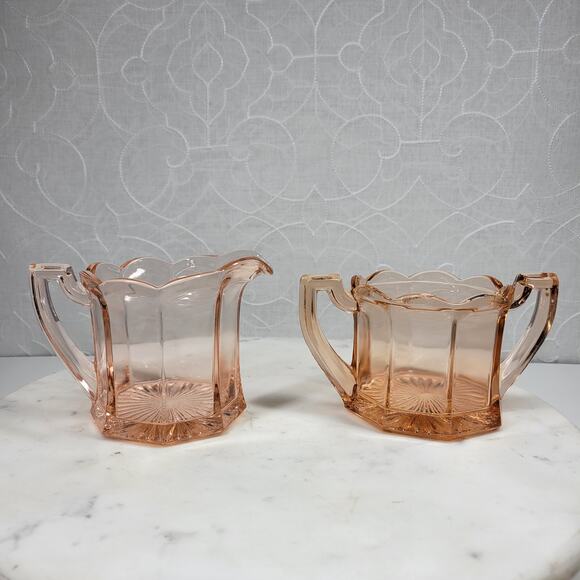 Greensburg‎ Pink Depression Glass Creamer Double Handled Octagon Sugar Bowl - Picture 16 of 16